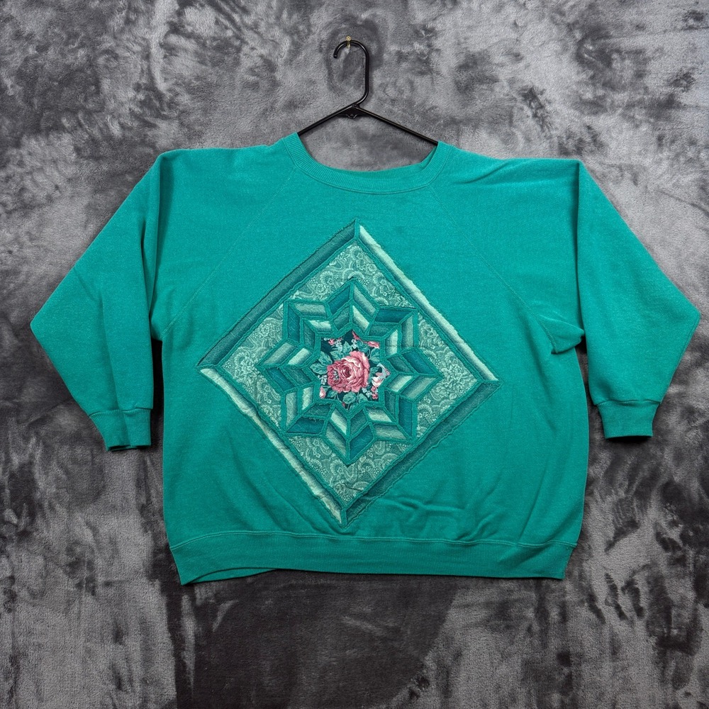 Hanes Her Way Sweatshirt Womens 2X Teal Floral Quilted Star Patch Vintage 90s